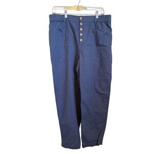 LINTICO Women's Blue Linen Cotton Blend Button Fly Elastic Waist Pants XL Heidi
